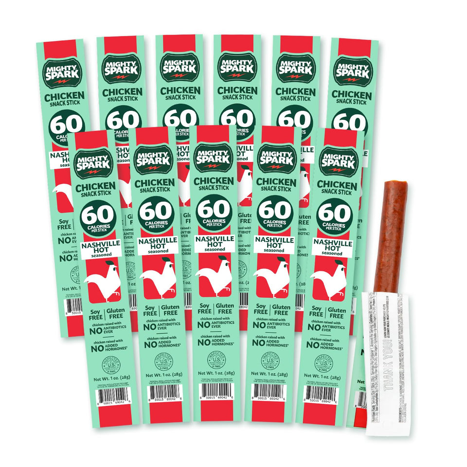 Mighty Spark Nashville Hot chicken snack sticks packaging – on-the-go protein for workouts.