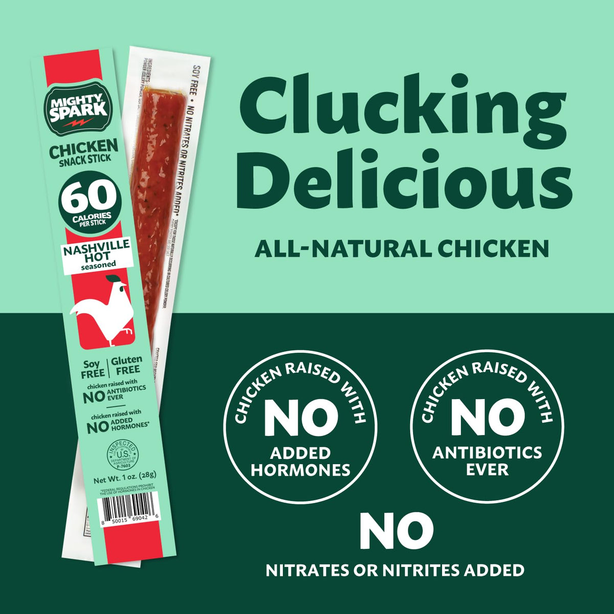 Mighty Spark chicken snack sticks nutrition label – nitrate-free and hormone-free.