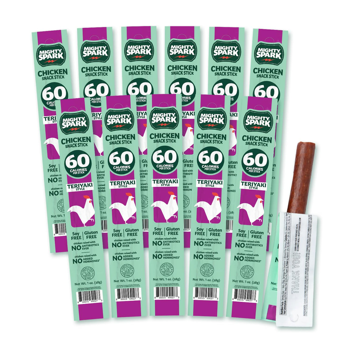 Mighty Spark Chicken Snack Sticks Teriyaki pack shot, high-protein on-the-go snack