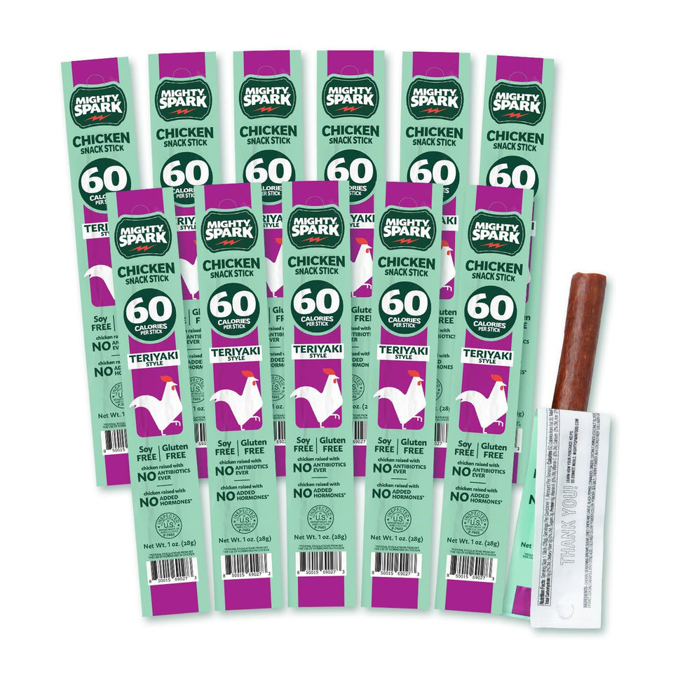 Mighty Spark Chicken Snack Sticks Teriyaki pack shot, high-protein on-the-go snack