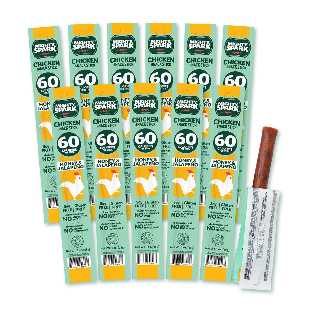 Mighty Spark Honey & Jalapeño chicken snack sticks pack front, convenient protein for on-the-go.