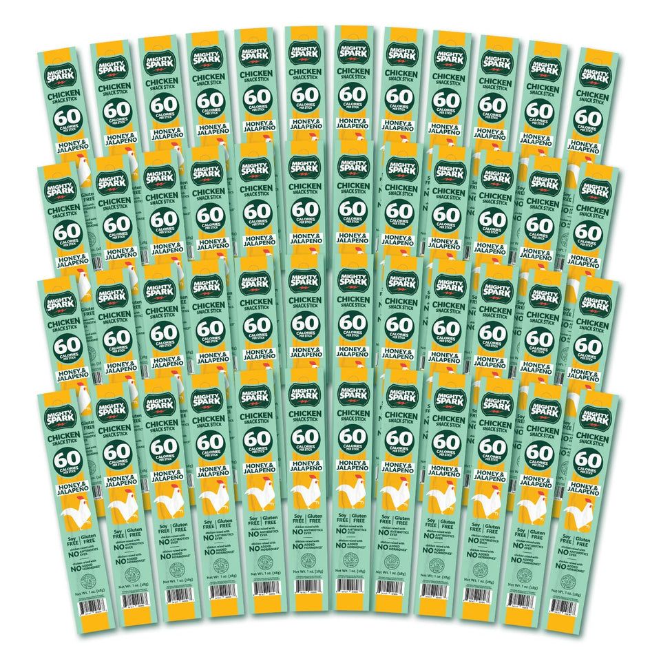 Mighty Spark Honey Jalapeno Chicken Stick pack—portable protein for busy days.