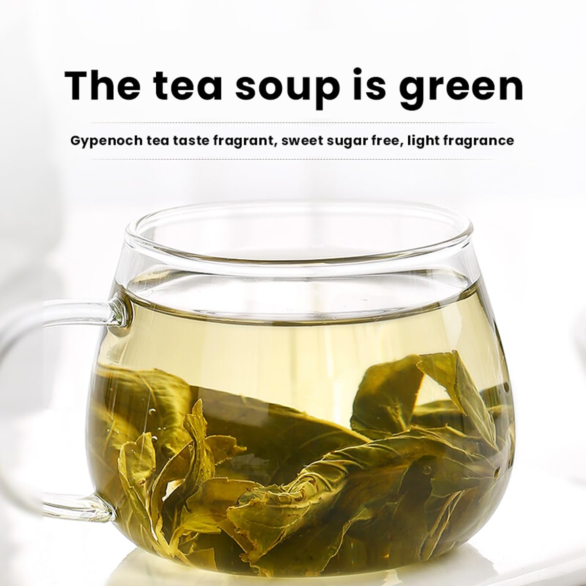 MIHUNTANG Jiaogulan tea brew in a cup shows a bright green infusion.