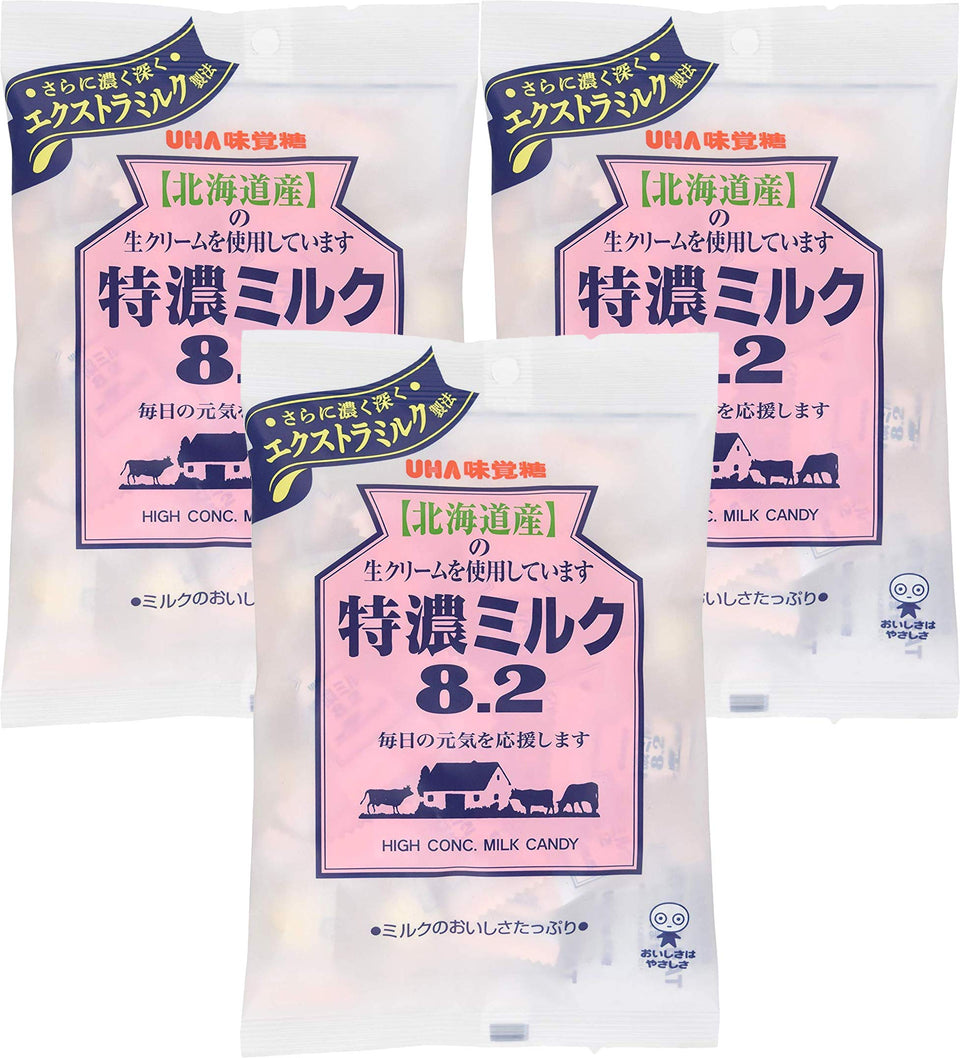 Mikakuto Tokuno Milk 8.2 Candy 3 Pack package front, ideal for on-the-go snacking.
