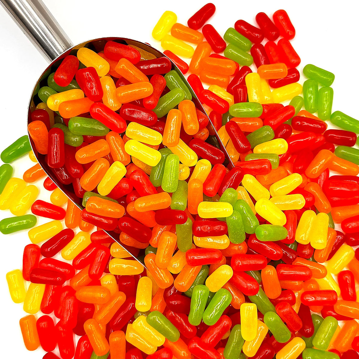 Mike and Ike chewy texture shot, enjoy a satisfying bite.