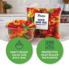Mike and Ike fruity flavors close-up: cherry, lemon, strawberry, lime, orange.