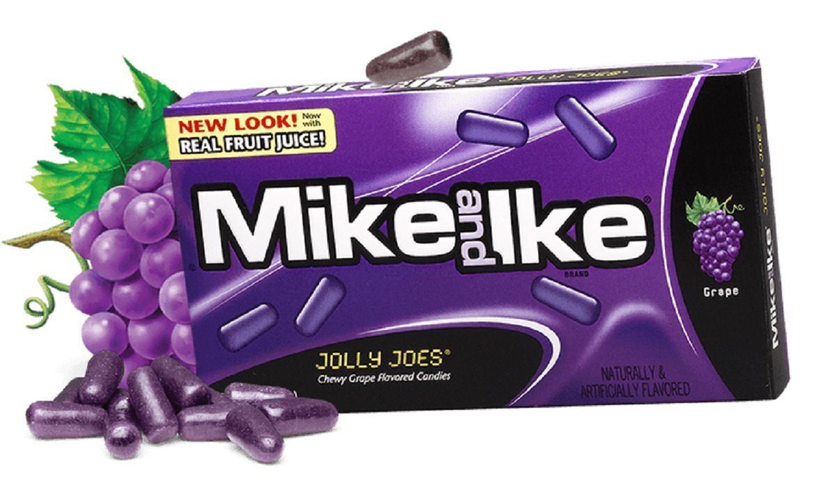 MIKE AND IKE Jolly Joes front box view; perfect theater snack for sharing.