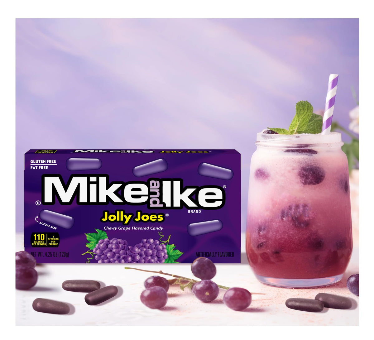 Close-up of Mike and Ike Jolly Joes grape candy highlighting chewy texture.