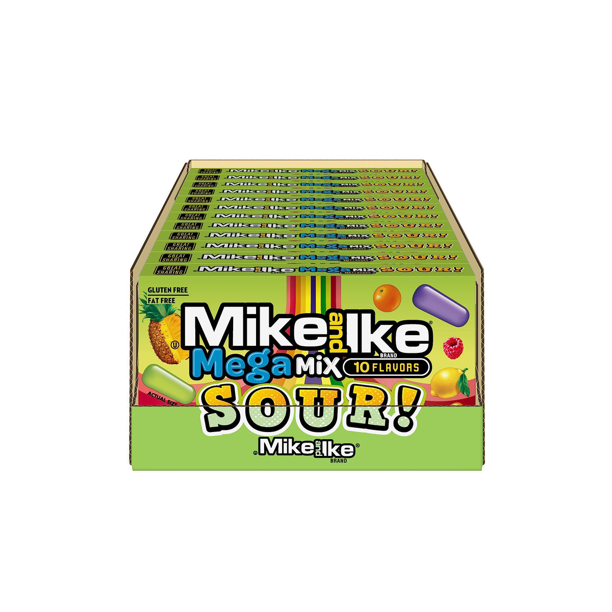 MIKE AND IKE Mega Mix Sour flavors closeup, ideal for snacking on the go.