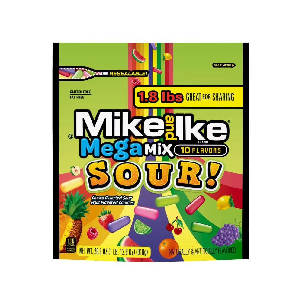Mike and Ike Mega Mix Sour package front with bold flavors for movie night snacking.
