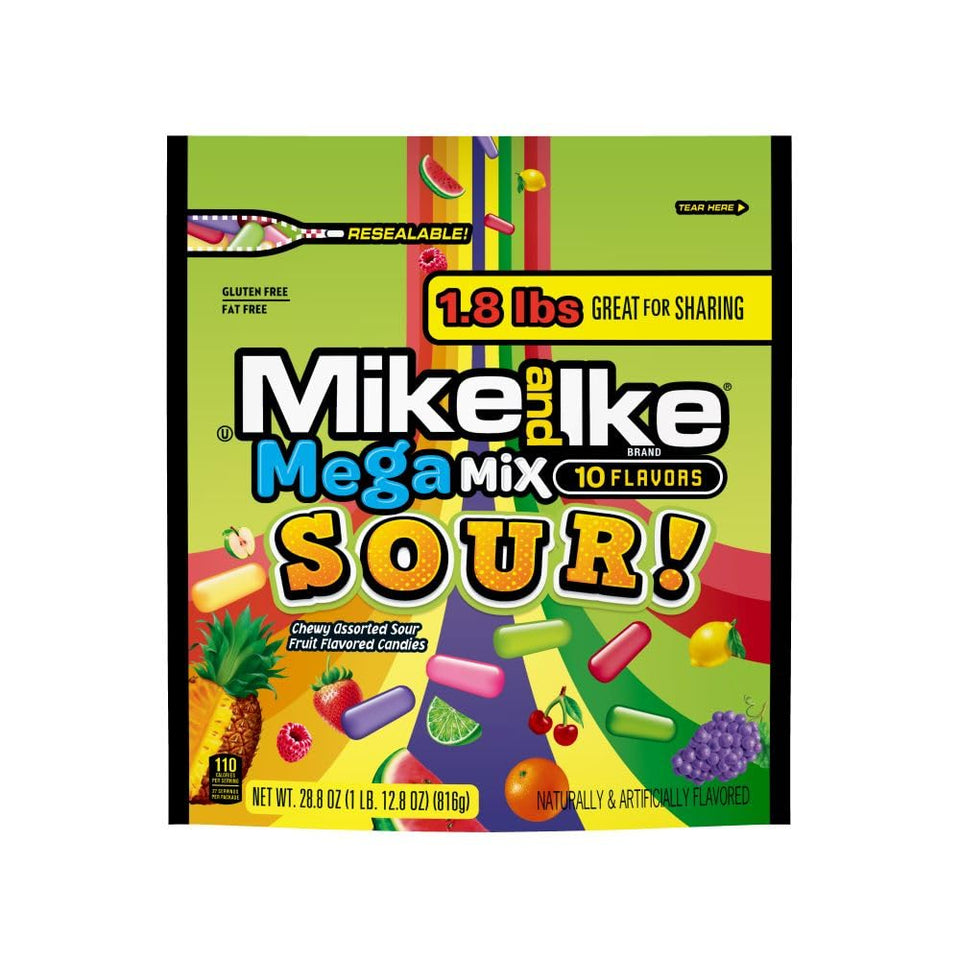 Mike and Ike Mega Mix Sour package front with bold flavors for movie night snacking.