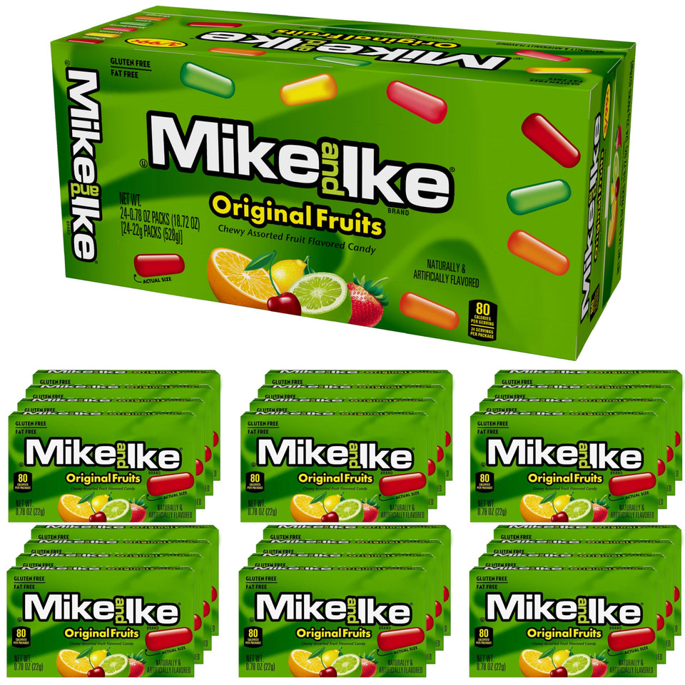 Mike and Ike Original Fruits box closeup shows five fruity flavors for easy snacking