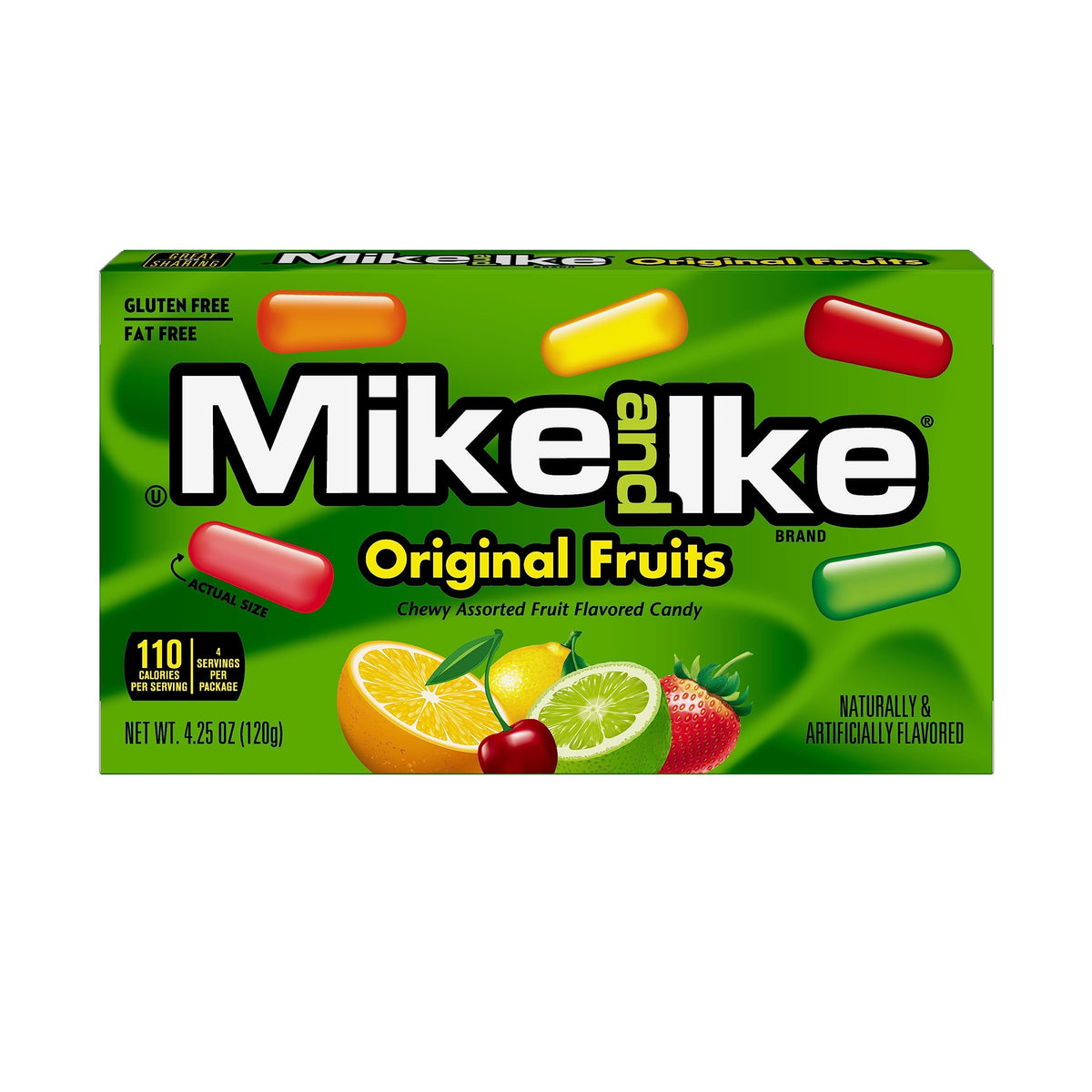 Mike and Ike Original Fruits theater box 12-pack in a row, ideal for sharing during movie night.