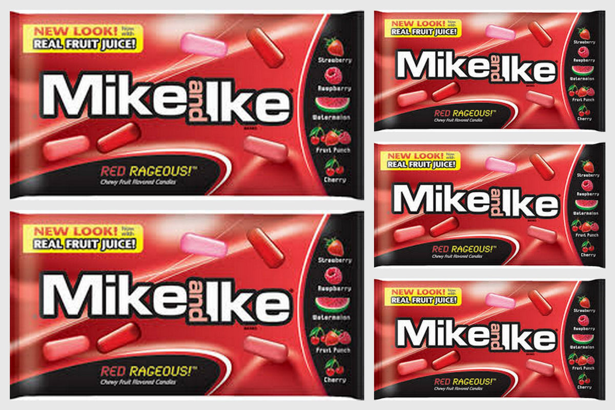 Mike and Ike Red Rageous box with five packs, ideal for sharing at gatherings.