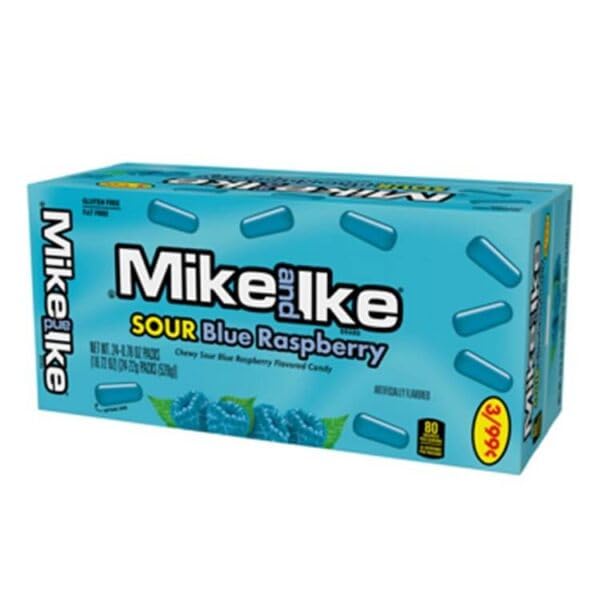 Mike and Ike Sour Blue Raspberry mini pack box front, ideal for sharing at events.
