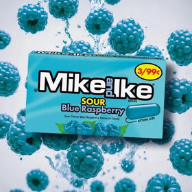 Mike and Ike Sour Blue Raspberry mini pack, convenient on-the-go snack for lunches.
