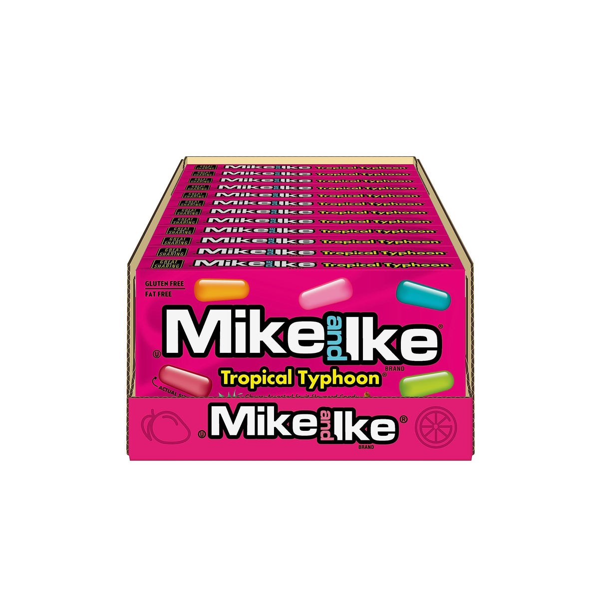 Close-up of MIKE AND IKE Tropical Typhoon candies showing five tropical flavors.