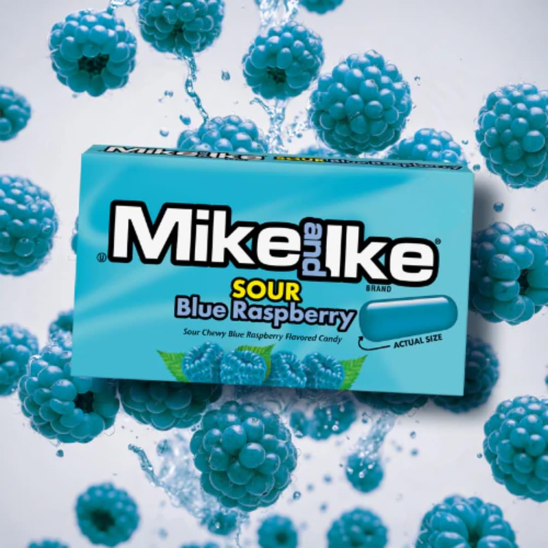 Close-up of Mike & Ike Sour Blue Raspberry candies showing chewy texture