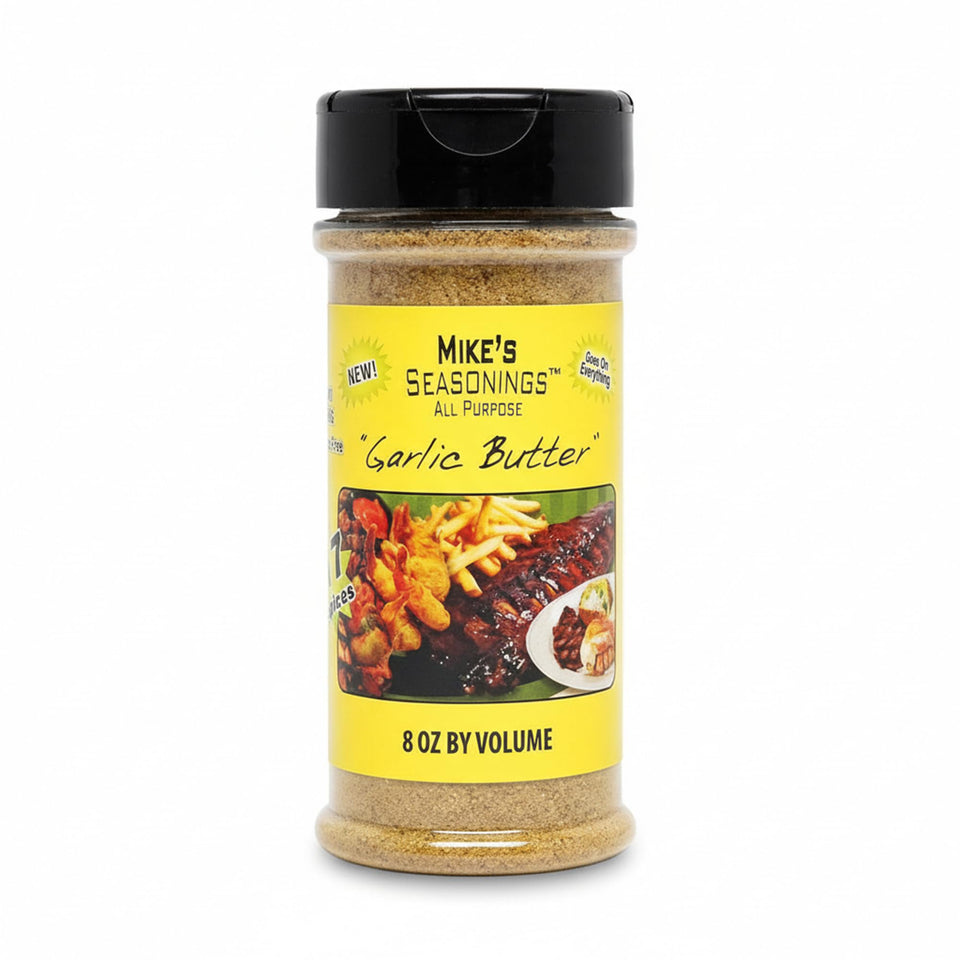 Mike's Garlic Butter Seasoning jar front highlights versatile flavor for dishes.