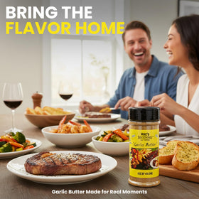 Mike's Garlic Butter Seasoning on kitchen counter signals flavor at hand.
