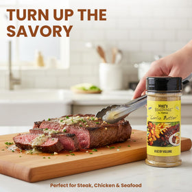 Mike's Garlic Butter Seasoning label closeup shows natural ingredients.