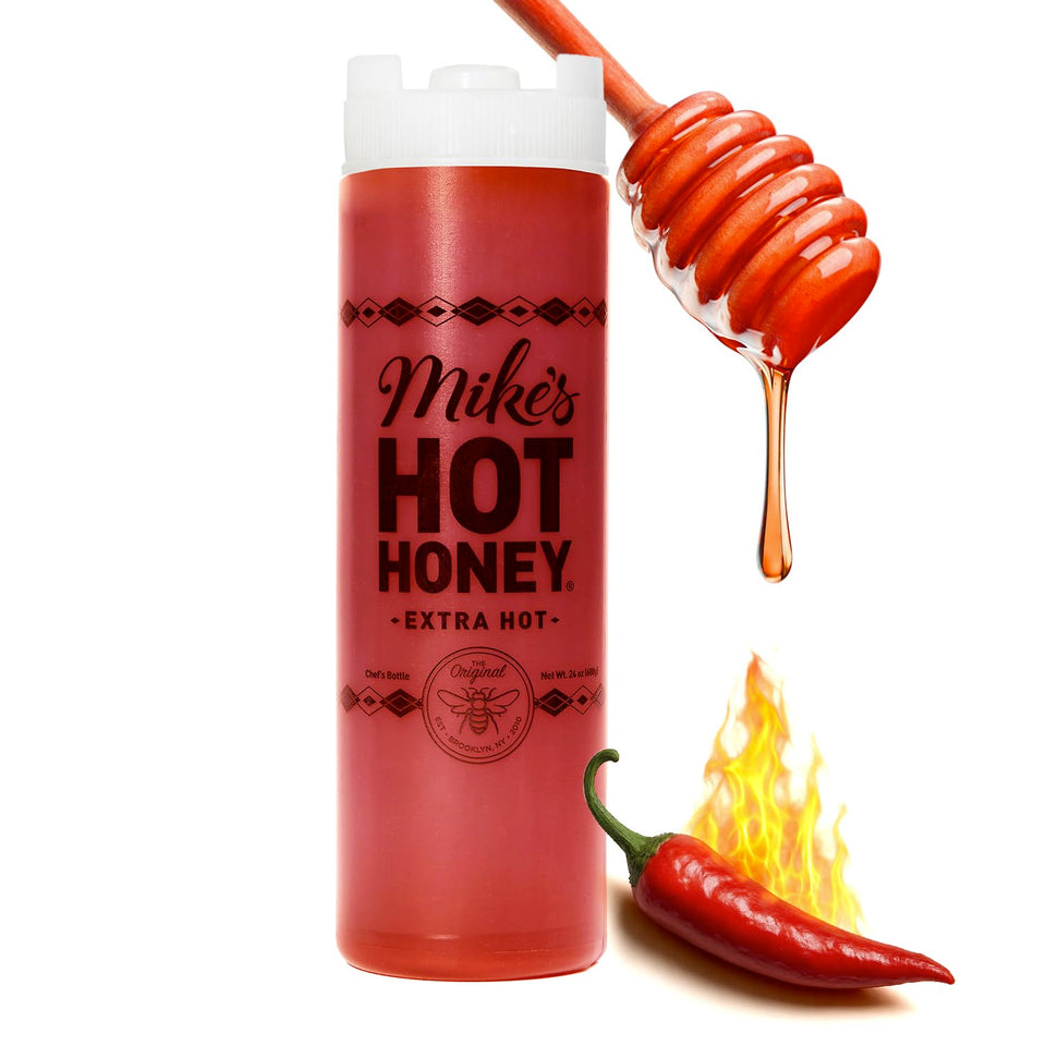Mike's Hot Honey Extra Hot bottle front showing bold flavor for kitchens