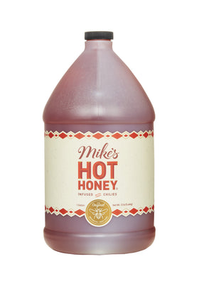 Mike's Hot Honey gallon jug ready for kitchens and bulk kitchen use.