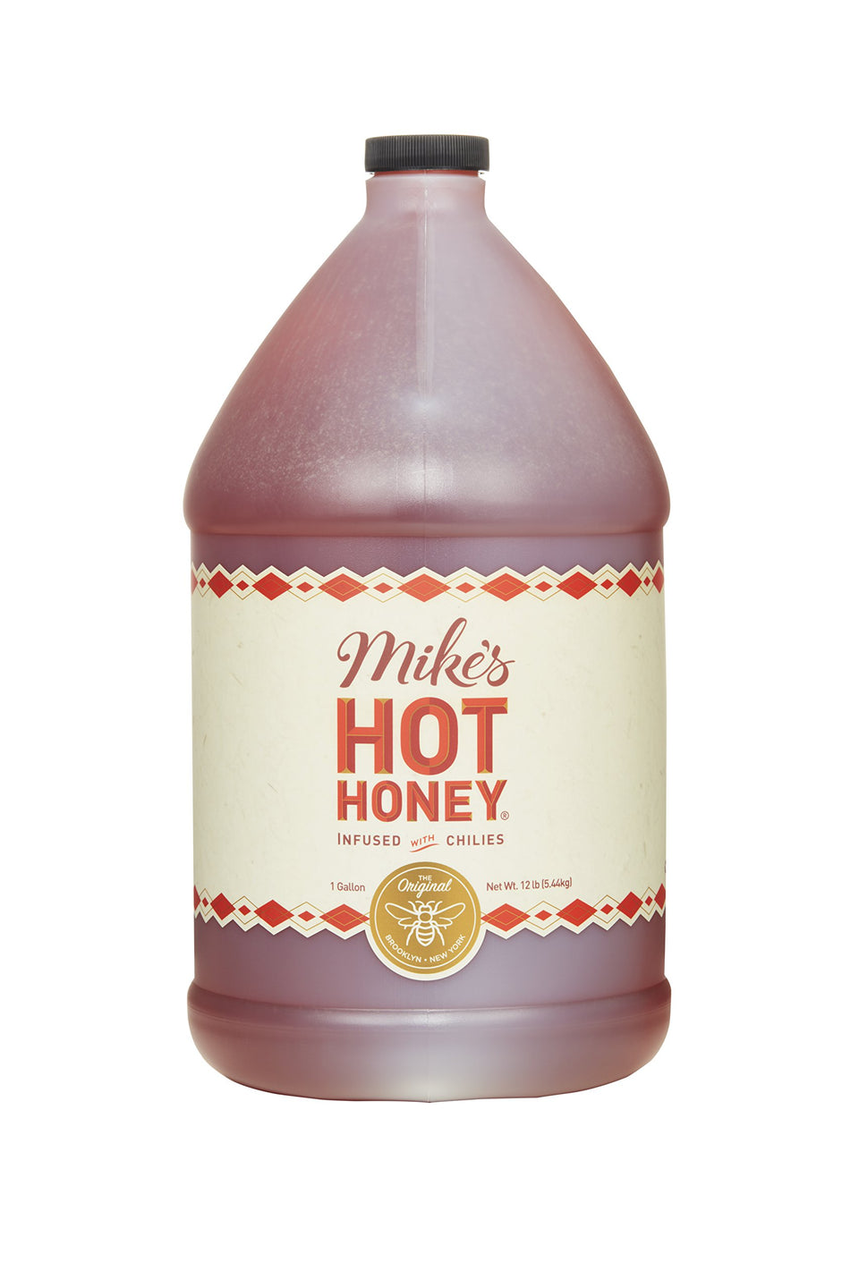 Mike's Hot Honey gallon jug ready for kitchens and bulk kitchen use.