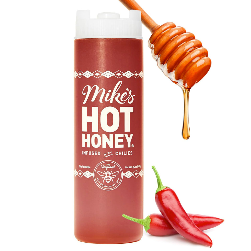 Mike's Hot Honey original bottle front boosts flavor with sweet heat.