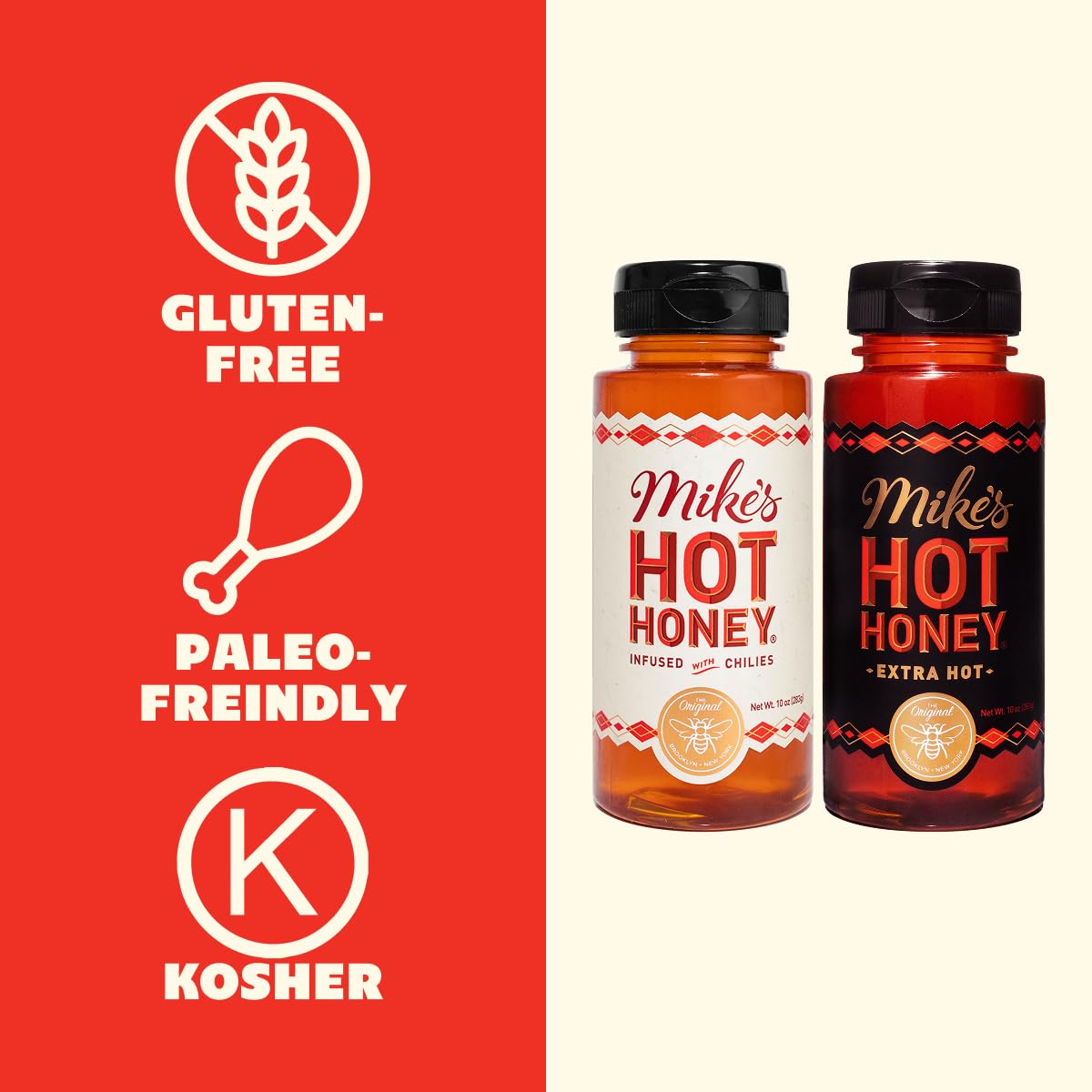 Mike's Hot Honey Original close-up with vibrant peppers and bold flavor.