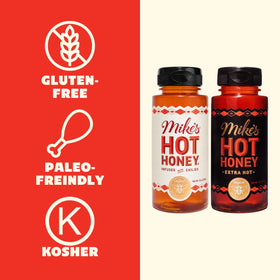 Mike's Hot Honey Original close-up with vibrant peppers and bold flavor.