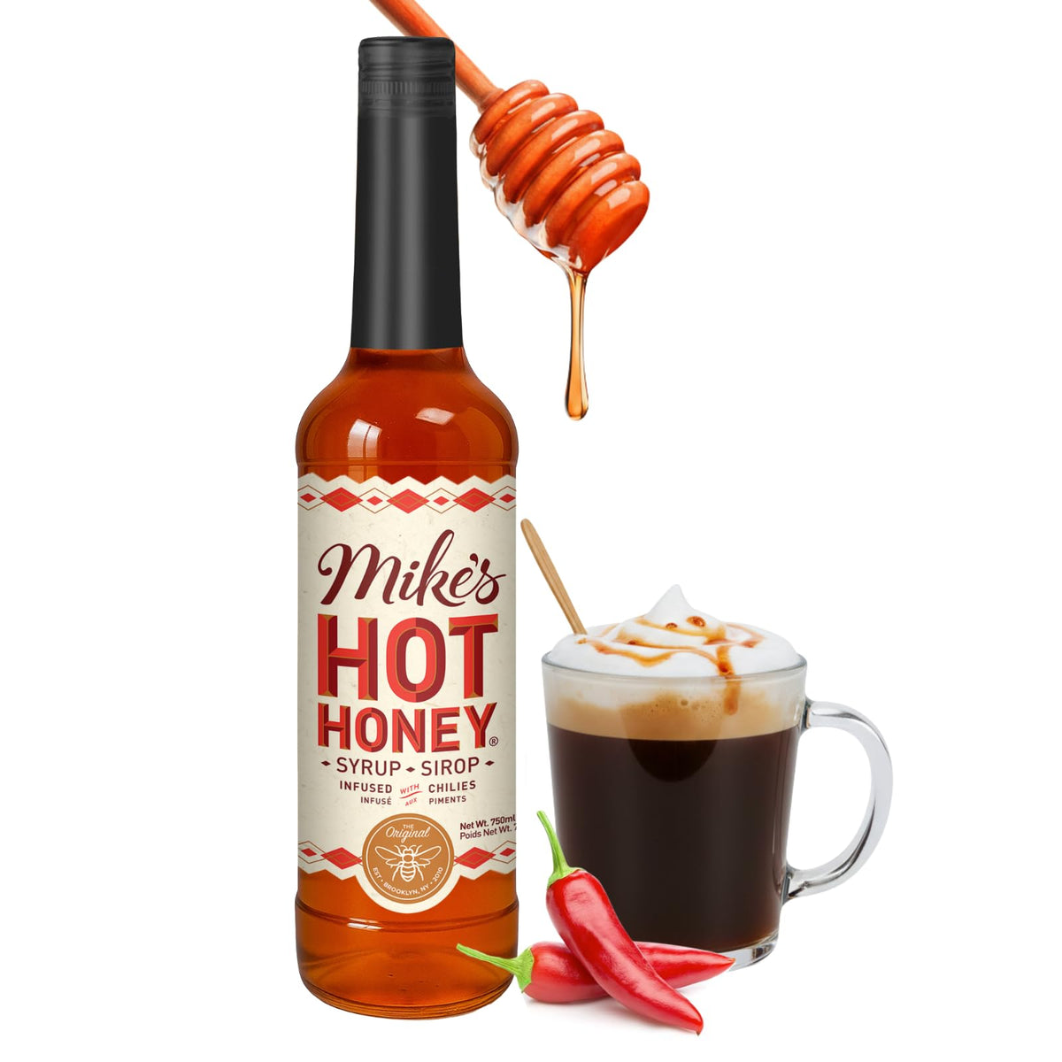 Mike's Hot Honey Original bottle pouring, highlighting sweet heat in beverages.