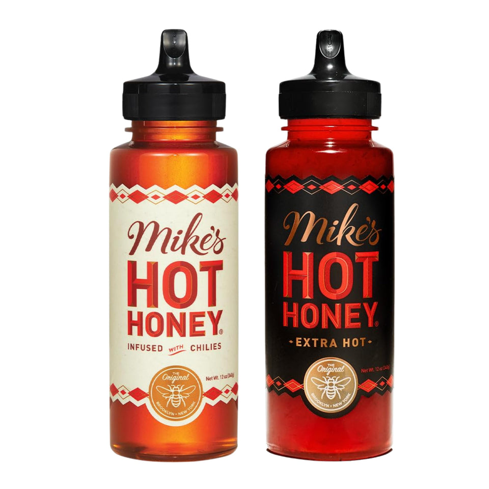 Mike's Hot Honey Original & Extra Hot combo pack bottles enhance pizza, chicken, and dressings.