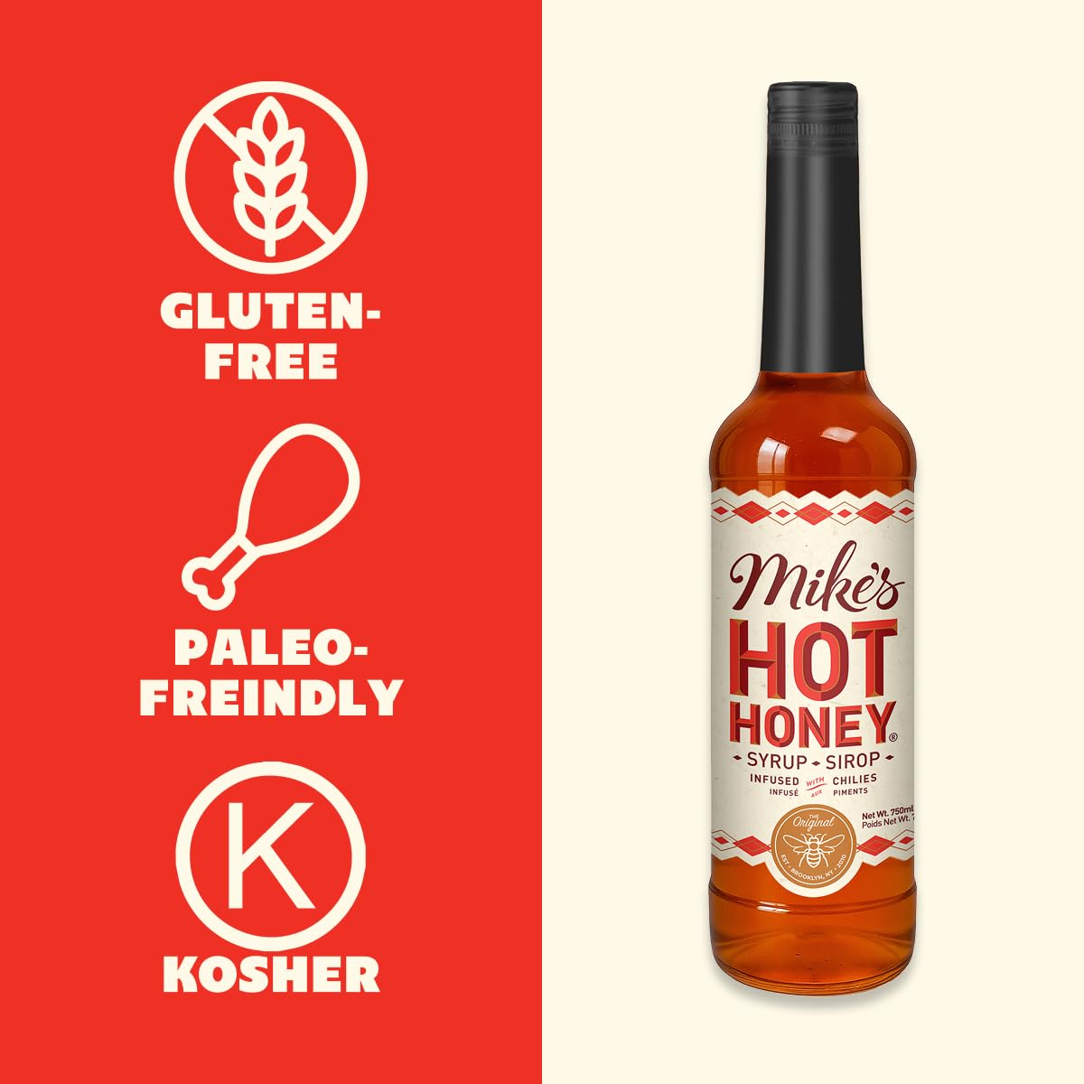 Mike's Hot Honey Original bottle with tea or iced drinks, blends easily for a balanced sip.