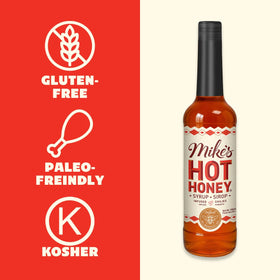 Mike's Hot Honey Original bottle with tea or iced drinks, blends easily for a balanced sip.