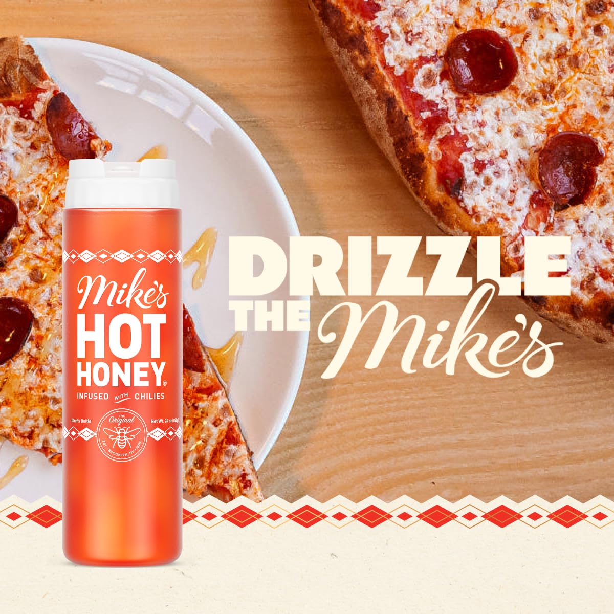 Mike's Hot Honey drizzle on pizza demonstrates versatile topping for flavor.