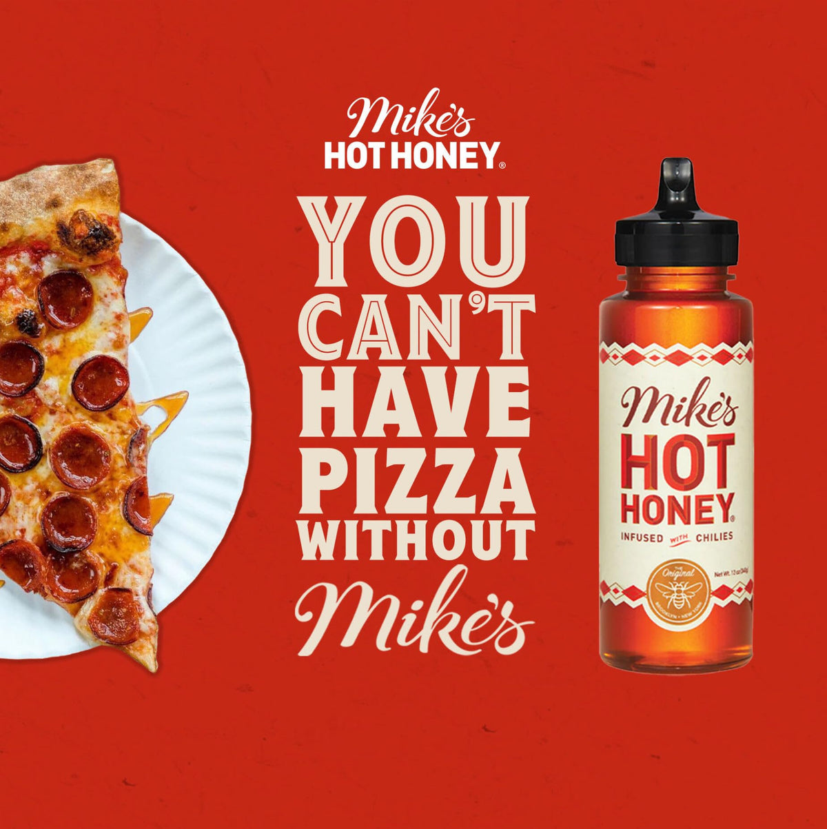 Mike's Hot Honey being drizzled, ideal on pizza and wings.