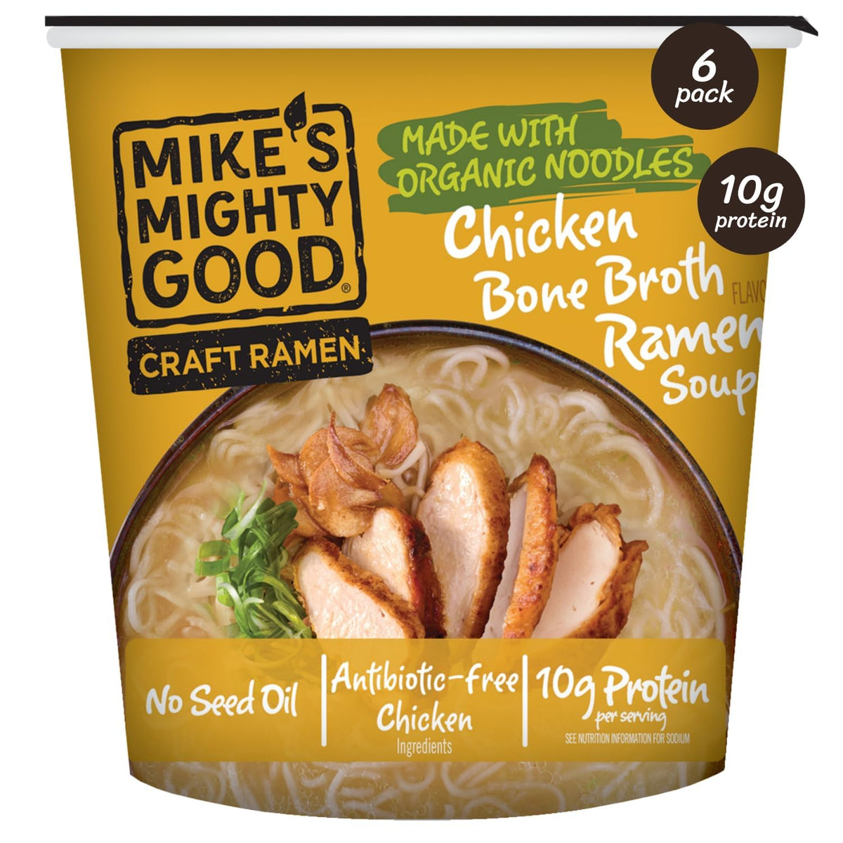 Mike's Mighty Good bone broth chicken ramen cup 6-pack offers rich flavor for fast comfort meals.