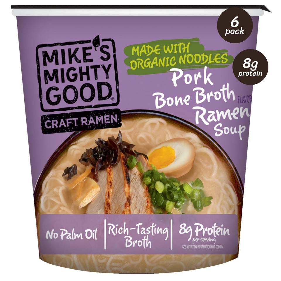 Mike's Mighty Good bone broth pork ramen cup in a six-pack for quick weeknight meals