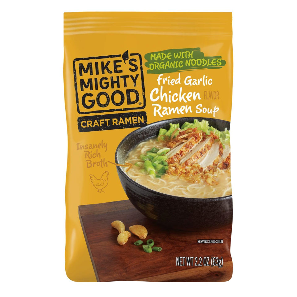 Mike's Mighty Good fried garlic chicken soup pack ready for a quick, savory meal.
