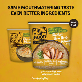 Mike's Mighty Good non-GMO ramen with antibiotic-free chicken for convenient meals.