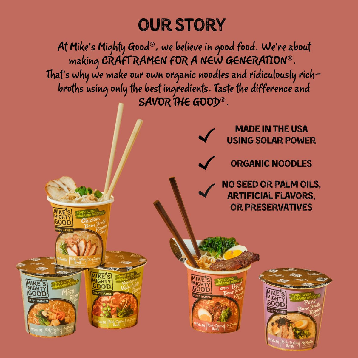 Mike's Mighty Good Spicy Beef Ramen Cup packs 10g protein per serving for energy on the go.