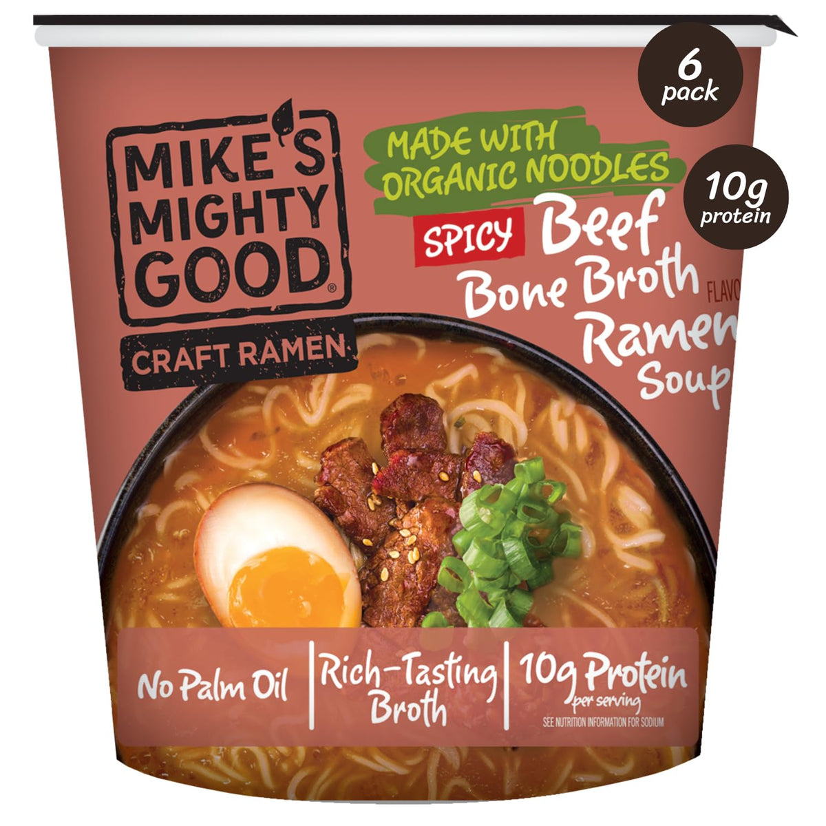 Mike's Mighty Good Spicy Beef Bone Broth Ramen Cup 6-pack—protein-rich convenience for busy days.