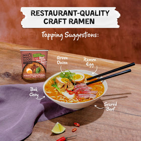 Mike's Mighty Good Spicy Beef Bone Broth Ramen Cup presents a rich aroma of bone broth.