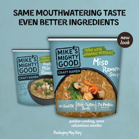 Mike’s Mighty Good Vegan Miso Ramen Cup highlighting organic steamed noodles.