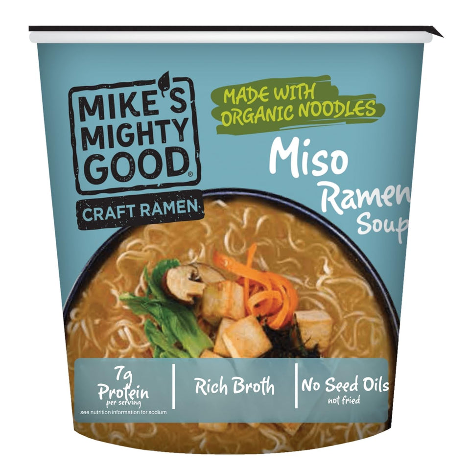 Mike’s Mighty Good Vegan Miso Ramen Cup features a rich broth in a comforting shot.