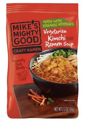 Mike's Mighty Good vegetarian kimchi ramen pack, top view, convenient weeknight meal option.