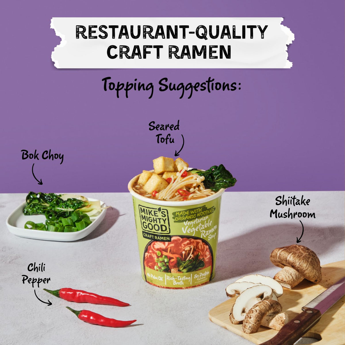 Mike’s Mighty Good six-pack ramen cup showcases convenient vegan comfort.
