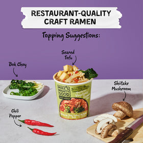 Mike’s Mighty Good six-pack ramen cup showcases convenient vegan comfort.