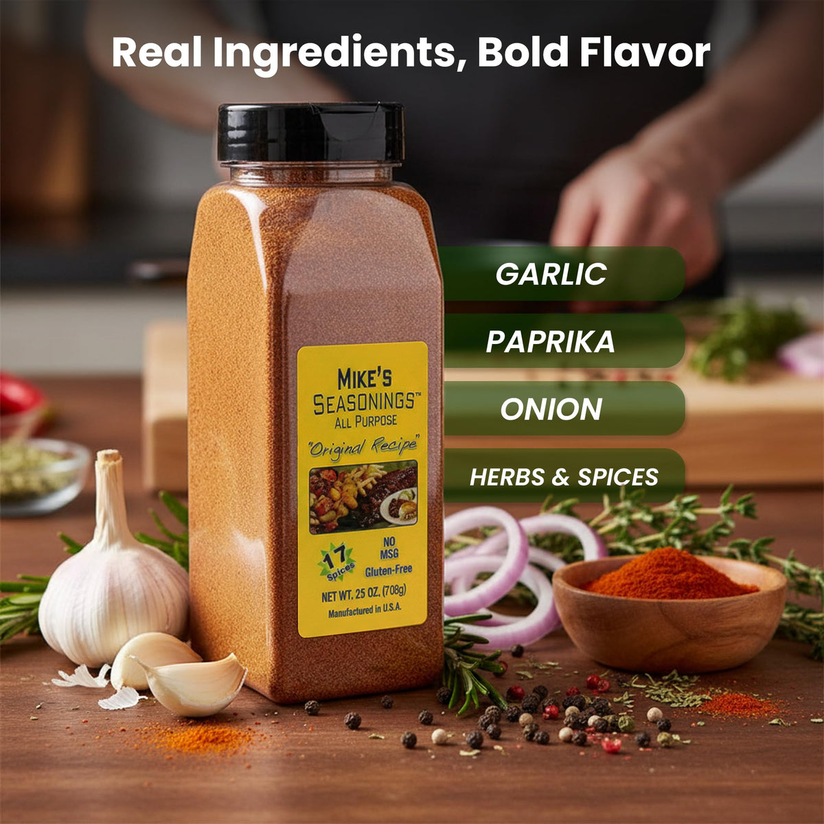 Mike's All Purpose Seasoning label detail showing no MSG and gluten-free info